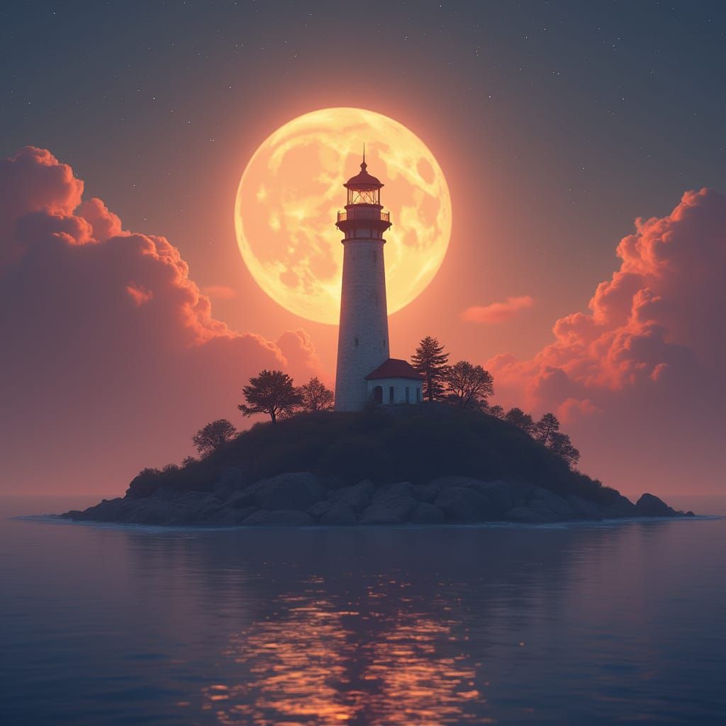 Island Lighthouse in Baroque Style with Sunset Colors