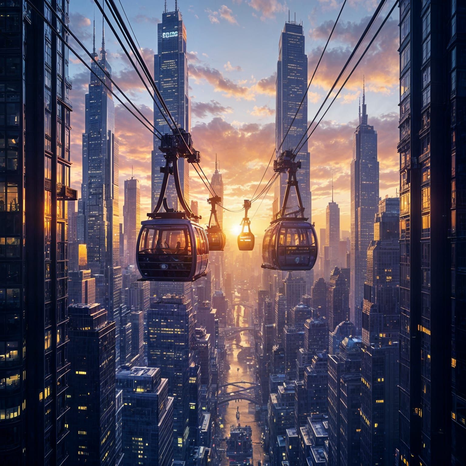 Futuristic Cityscape with Cable Cars at Sunset