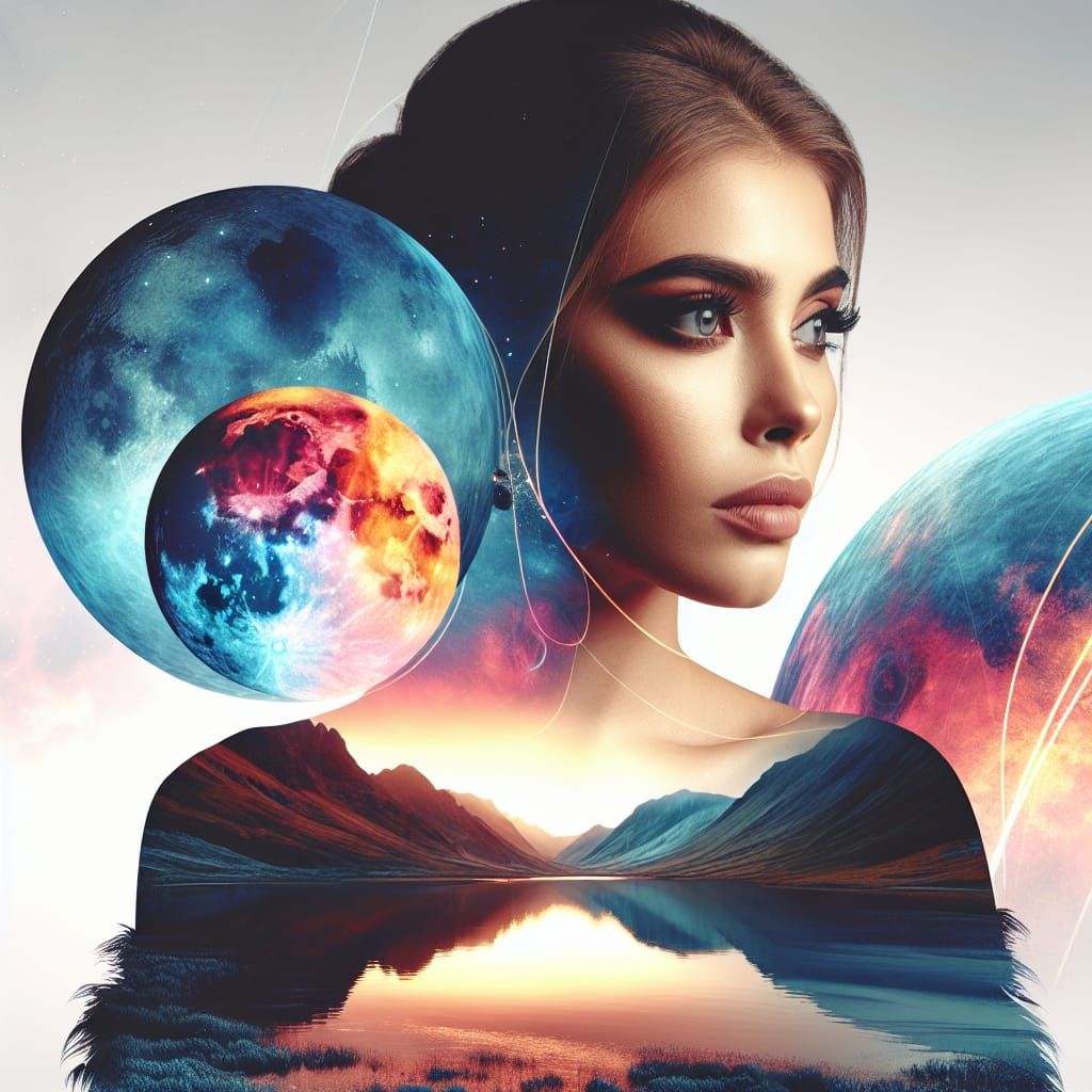 Double Exposure: Woman and Colorful Alien Planet