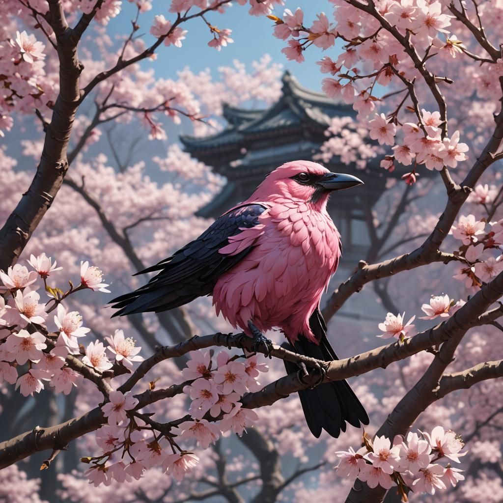 Pink Raven in Cherry Blossom Tree: Anime Art