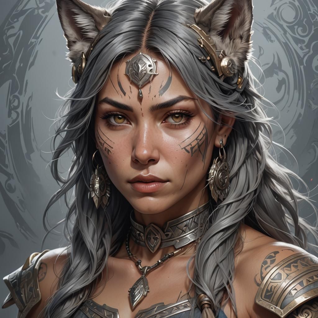 Tribal Wolf Woman Portrait in Hyperrealistic Style