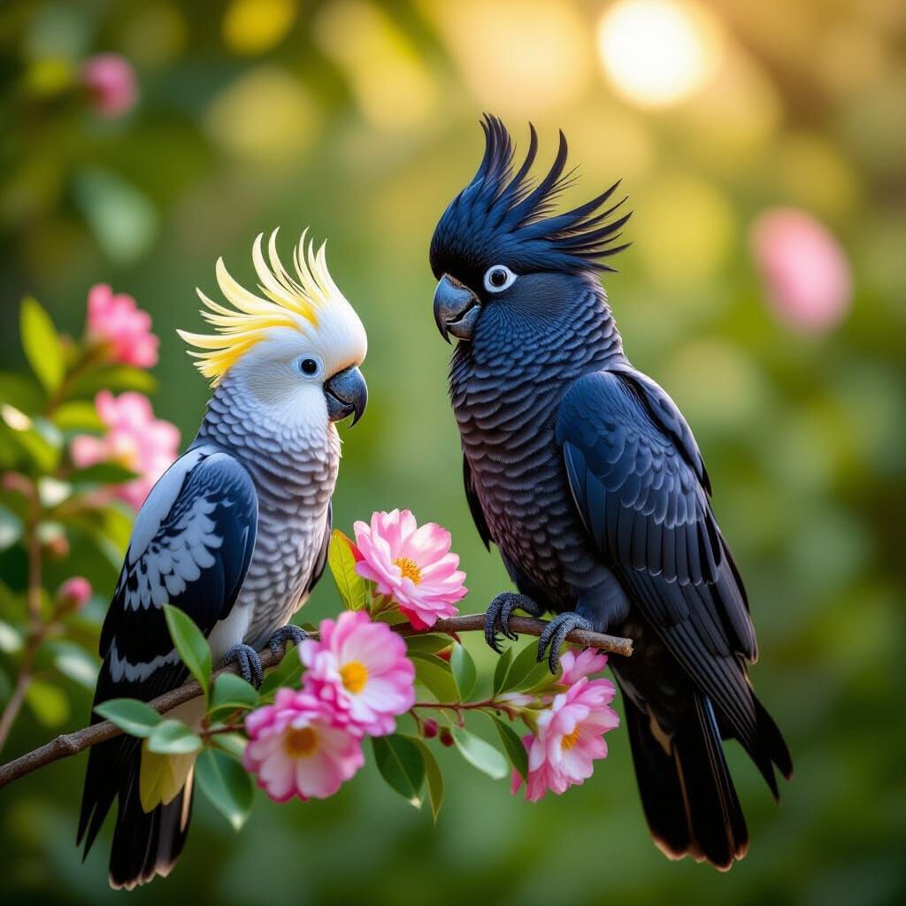 Realistic Cockatoos on Floral Canopy Branch HDR