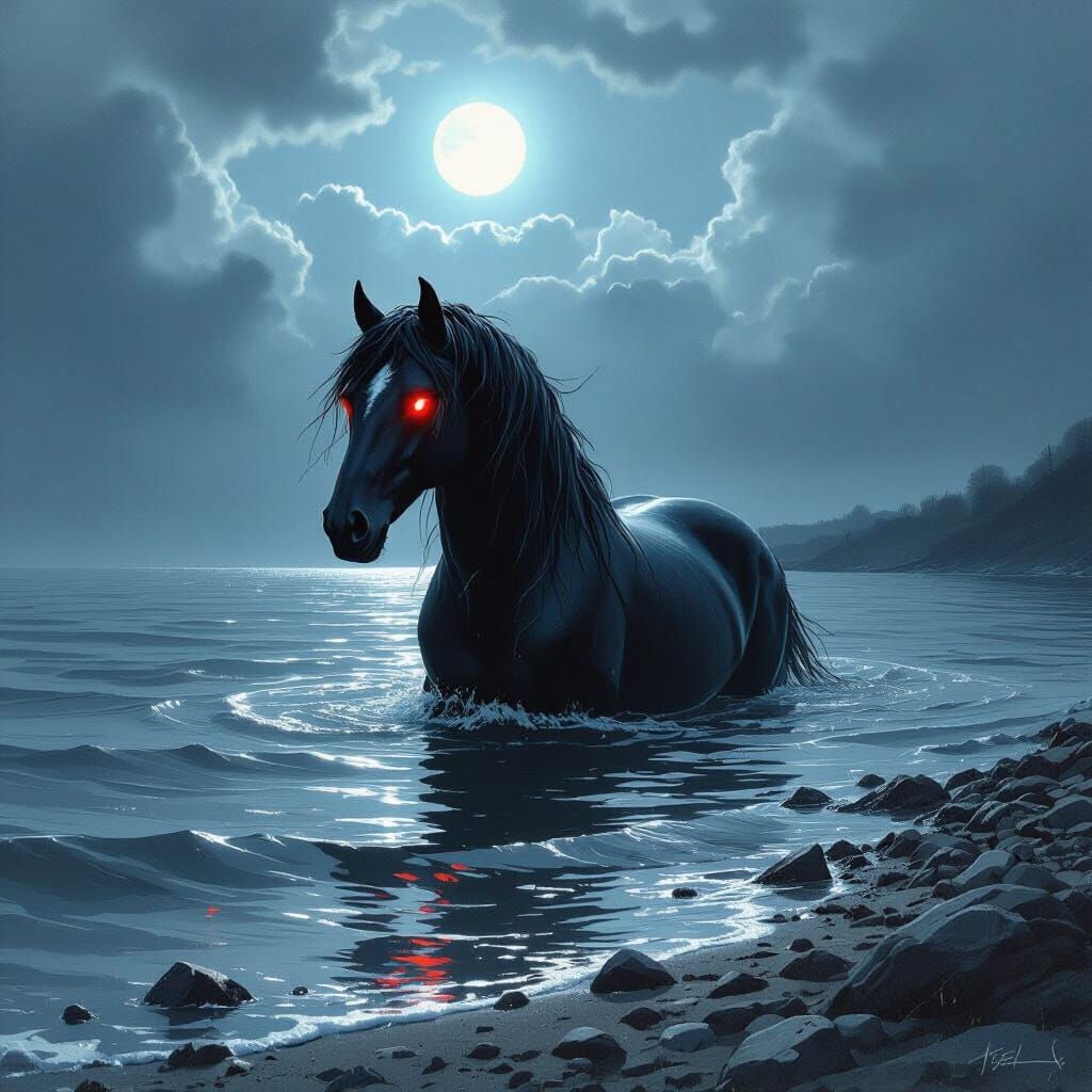 Kelpie Emerges from Dark Lake with Glowing Red Eyes