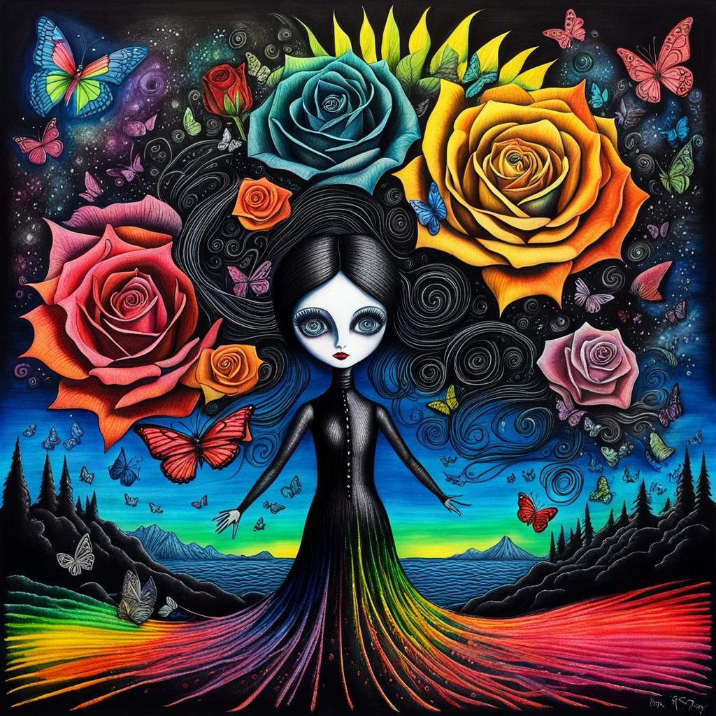 Surreal Crayon Drawing of Goth Woman