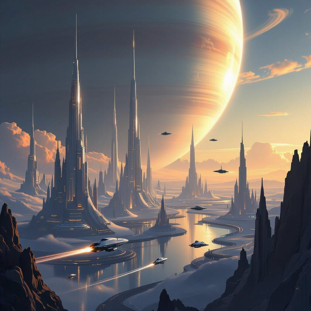 Celestial City on Saturn's Rings, Sci-Fi Concept Art