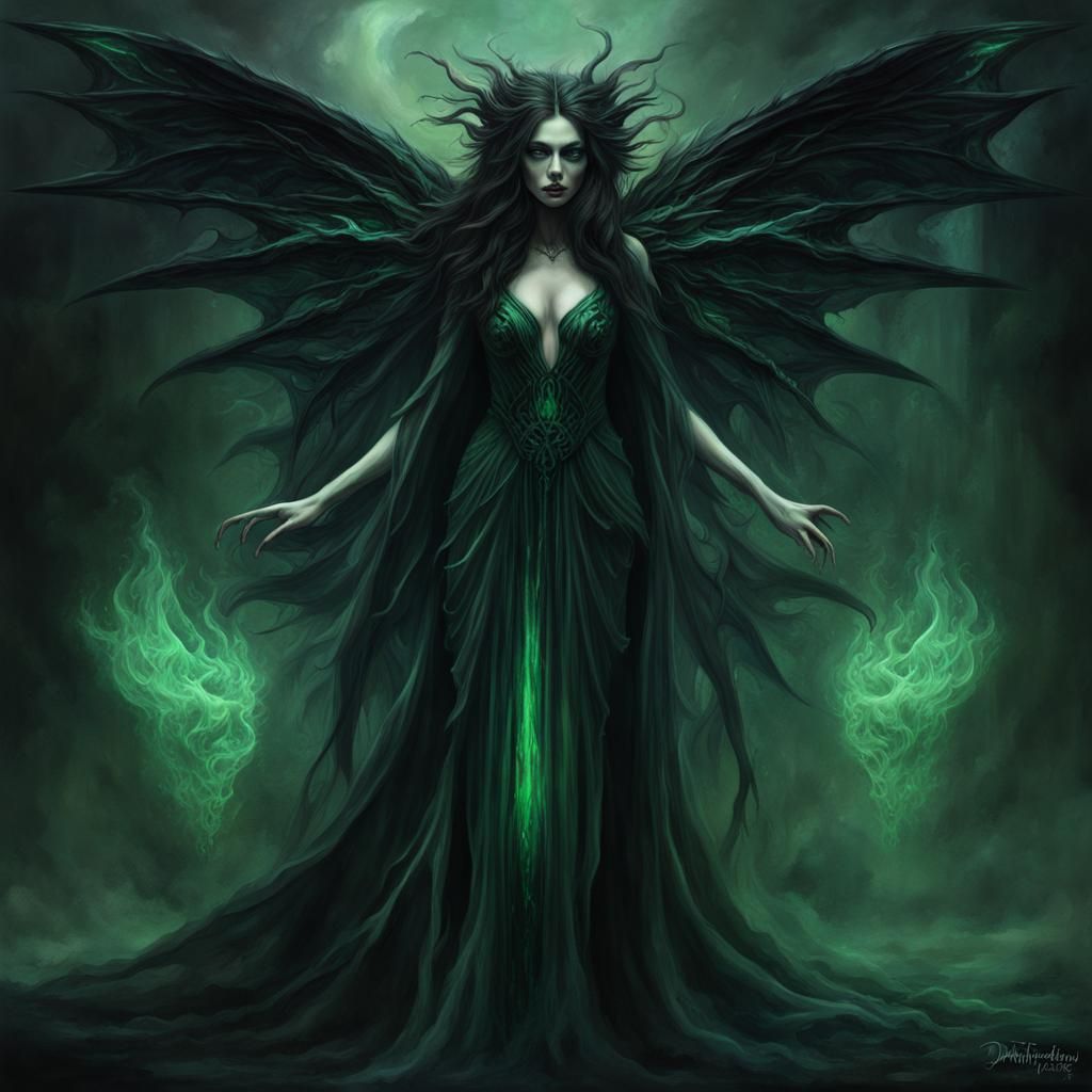 Cursed Crystal Fairy with Emerald Wings, Surreal Art