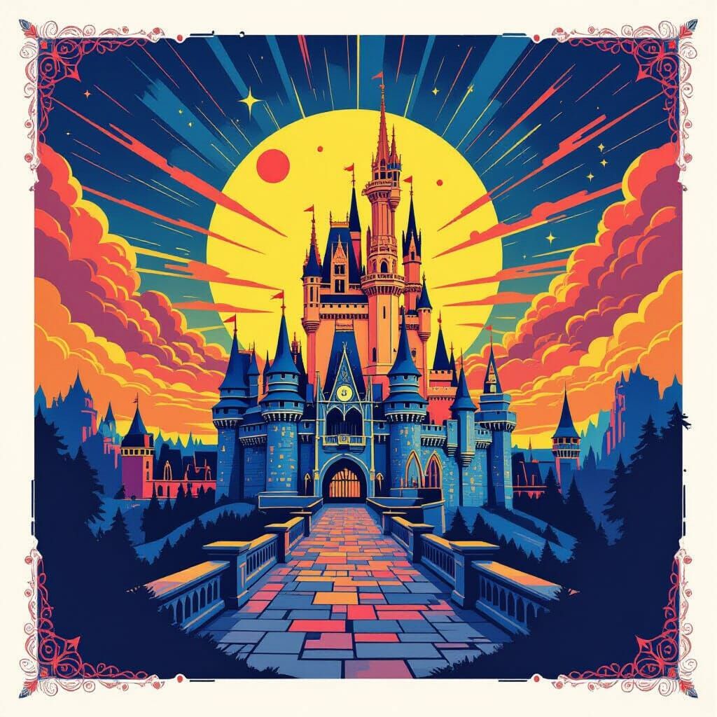Majestic Magical Castle in Vibrant Pop Art Style