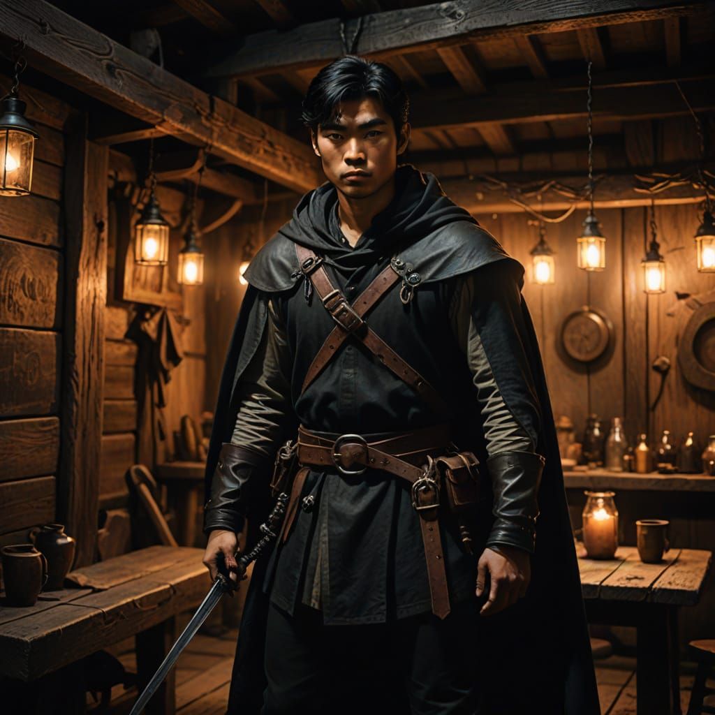 Dark Fantasy Warrior in Rustic Tavern