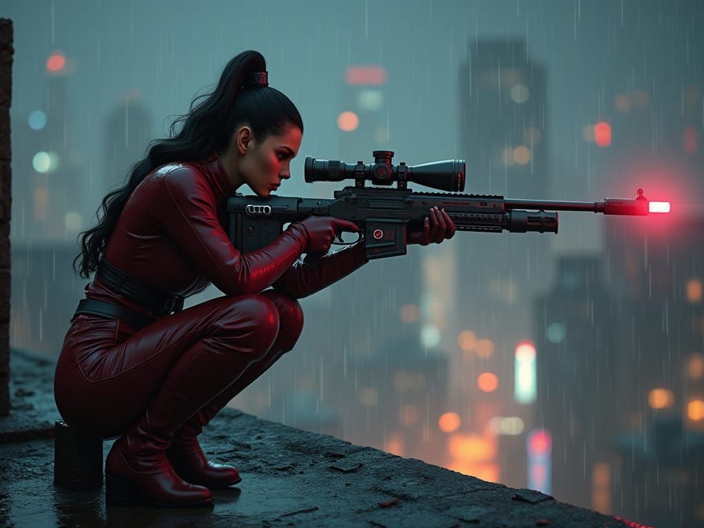 Femme Fatale Sniper in Crimson Burlesque