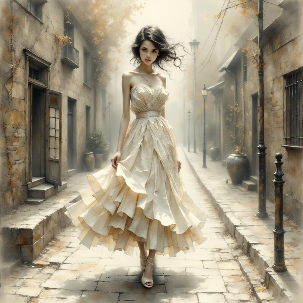 Surreal Paper Dress Woman on Quiet Street Illustration