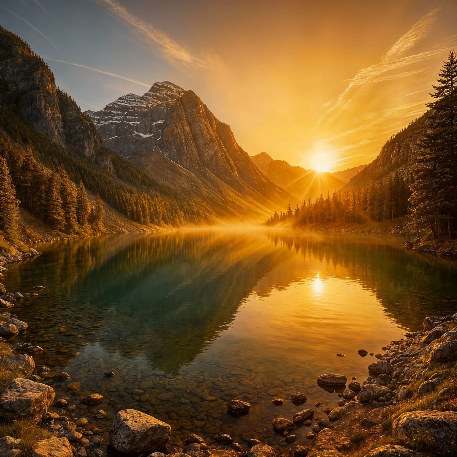 Golden Sunrise Over Mountain Lake: Ultra-Realistic Photograp...