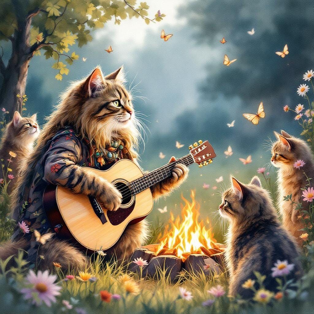 Hippie Tabby Cat's Campfire Serenade in Watercolor Style