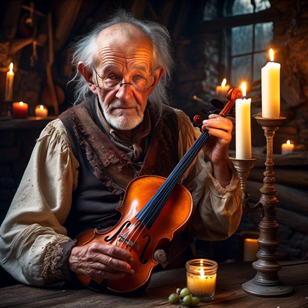 Blind Fiddler Portrait in Hyperreal Style