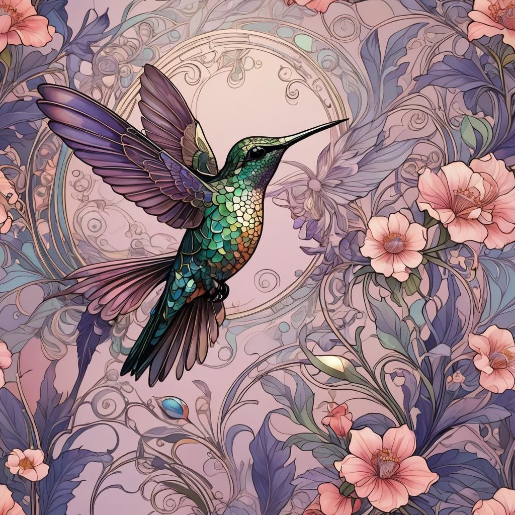 Art Nouveau Hummingbird with Holographic Flowers
