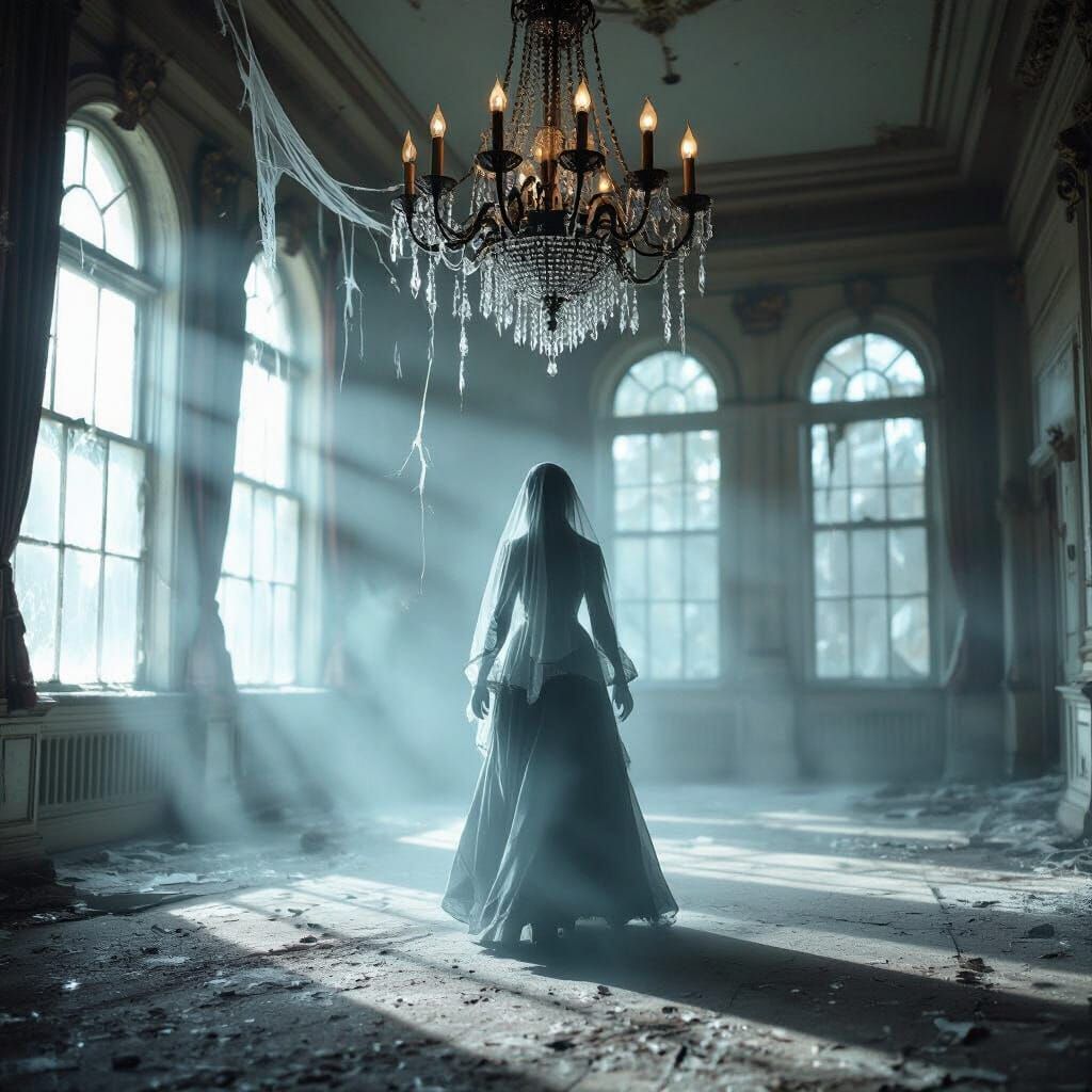 Victorian Ghost in Abandoned Ballroom, Vintage Film Photo