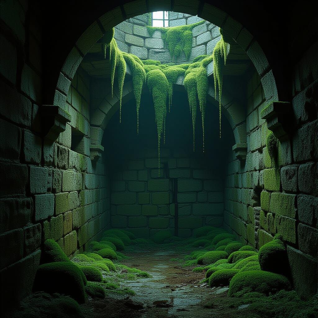 Dimly Lit Cellar with Mold and Fungus