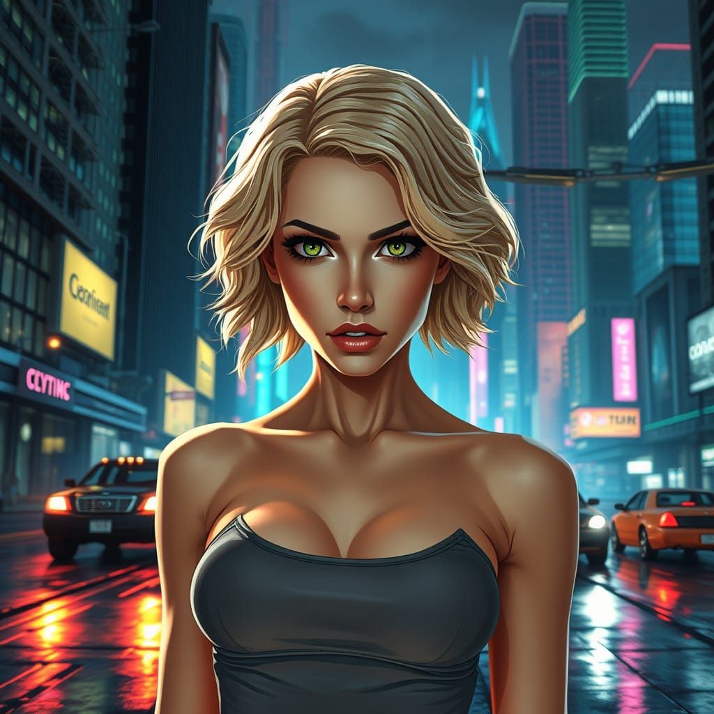 Cyberpunk City Goddess in Neon Glory