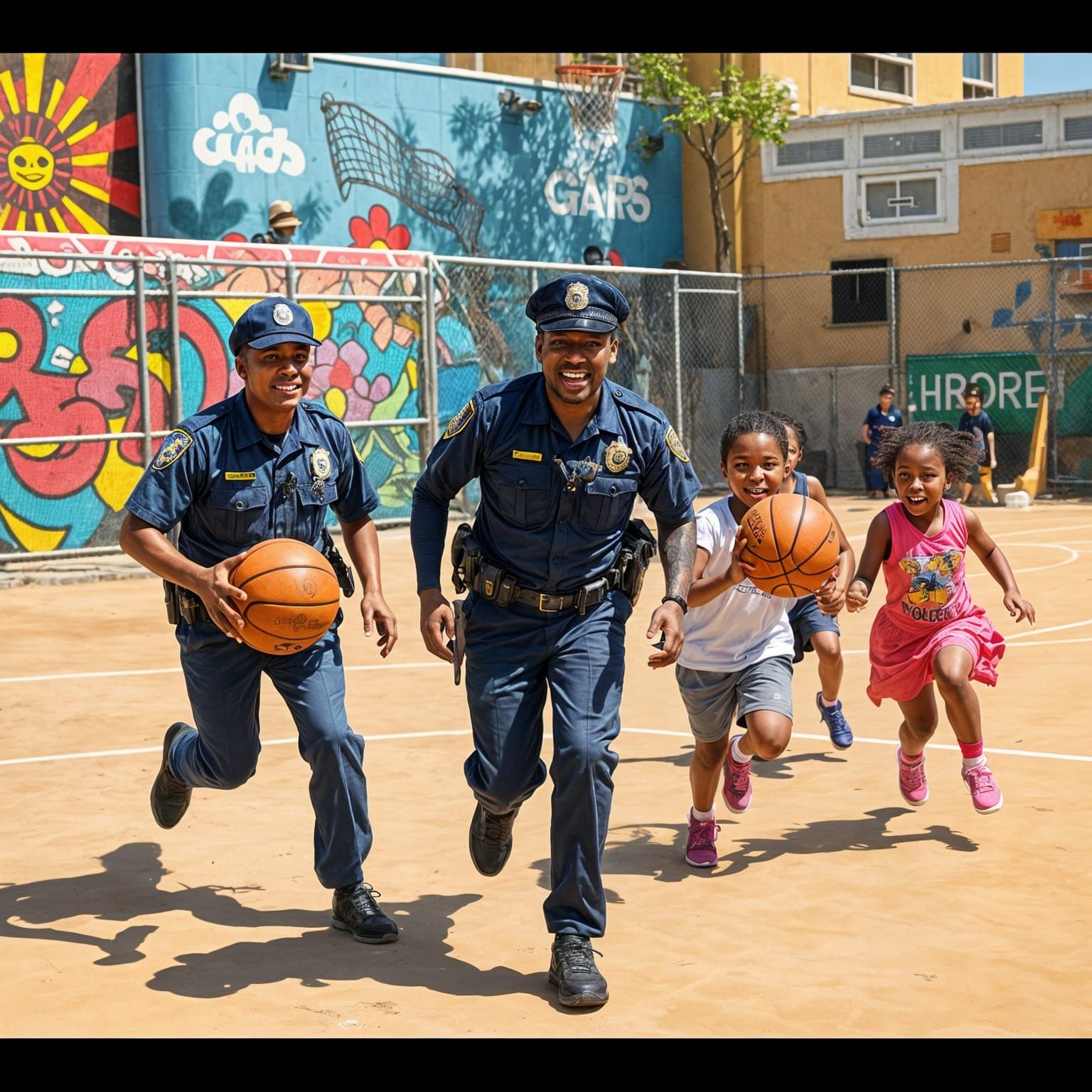 Children and Police Play Basketball Together