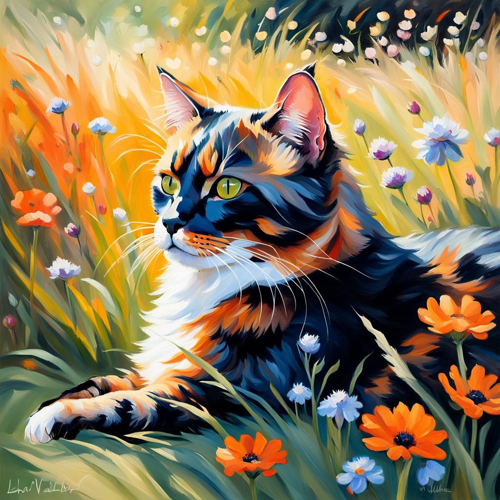 Tortoiseshell Cat in Meadow as Impressionist Oil Painting