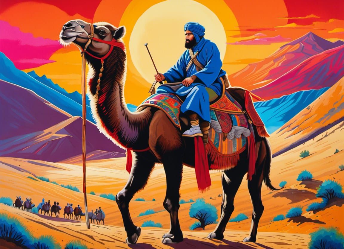 Marco Polo in the Gobi desert's sunset
