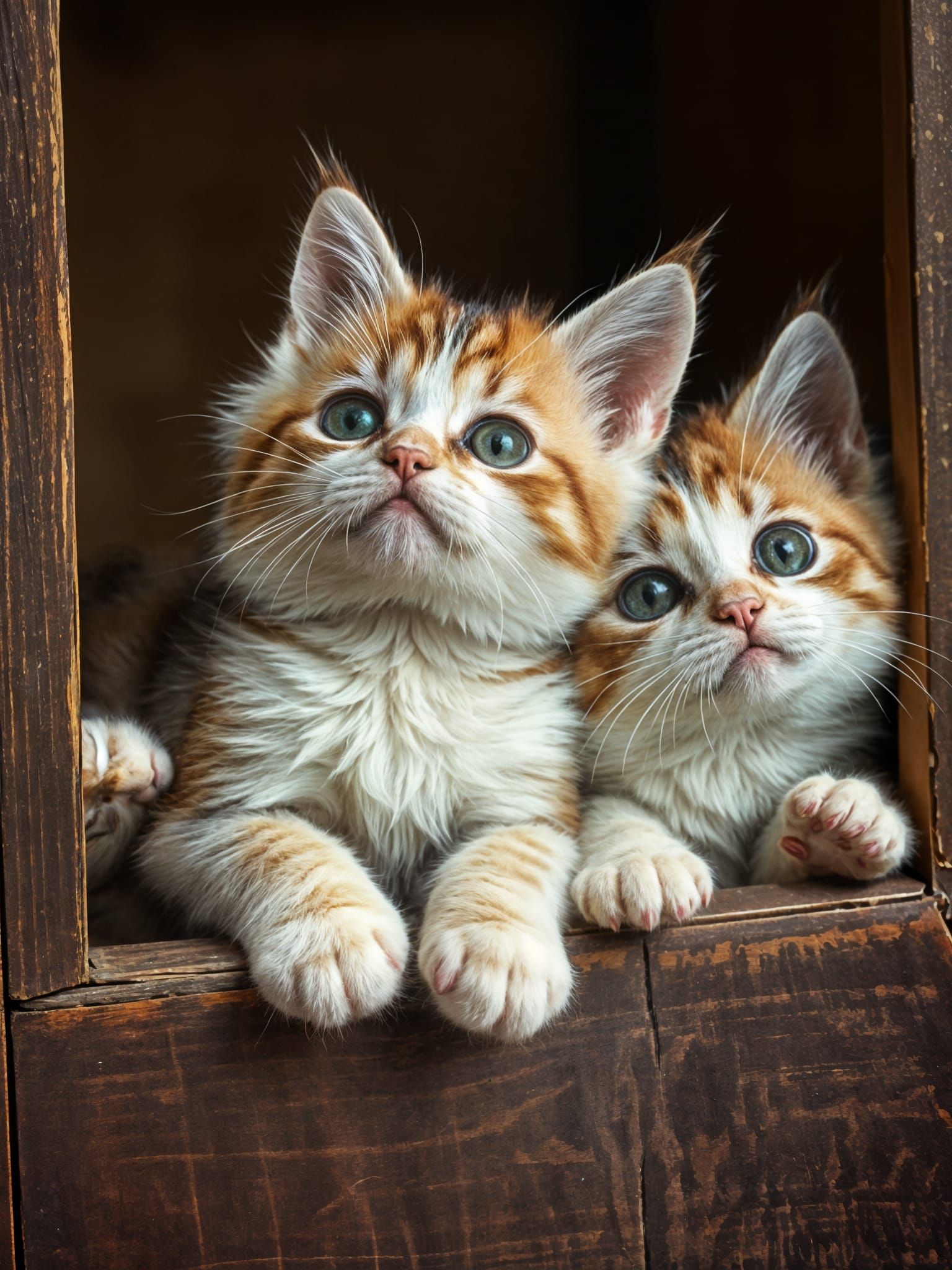 Whimsical Felines Peer Out of a Wooden Box