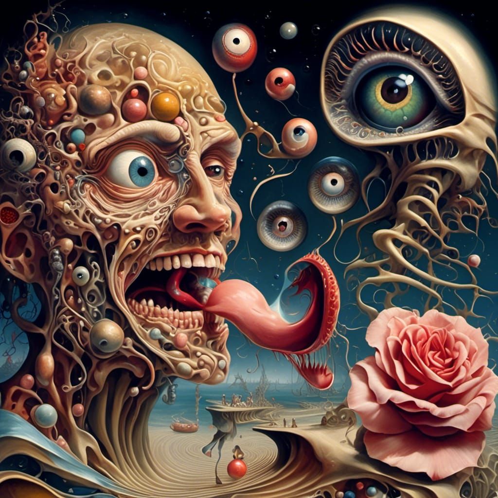 Surreal Man with Eyeball Tongue and Rose