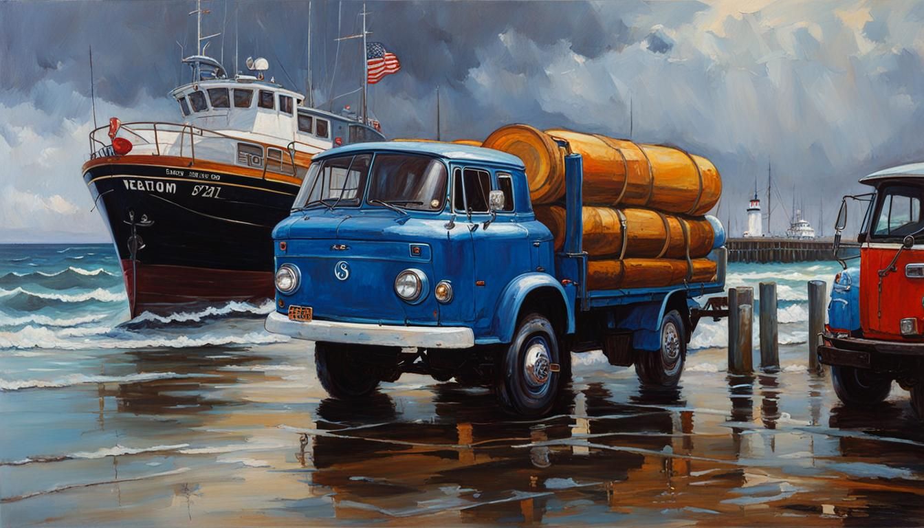 Blue VW Truck on Pier in Stormy Weather