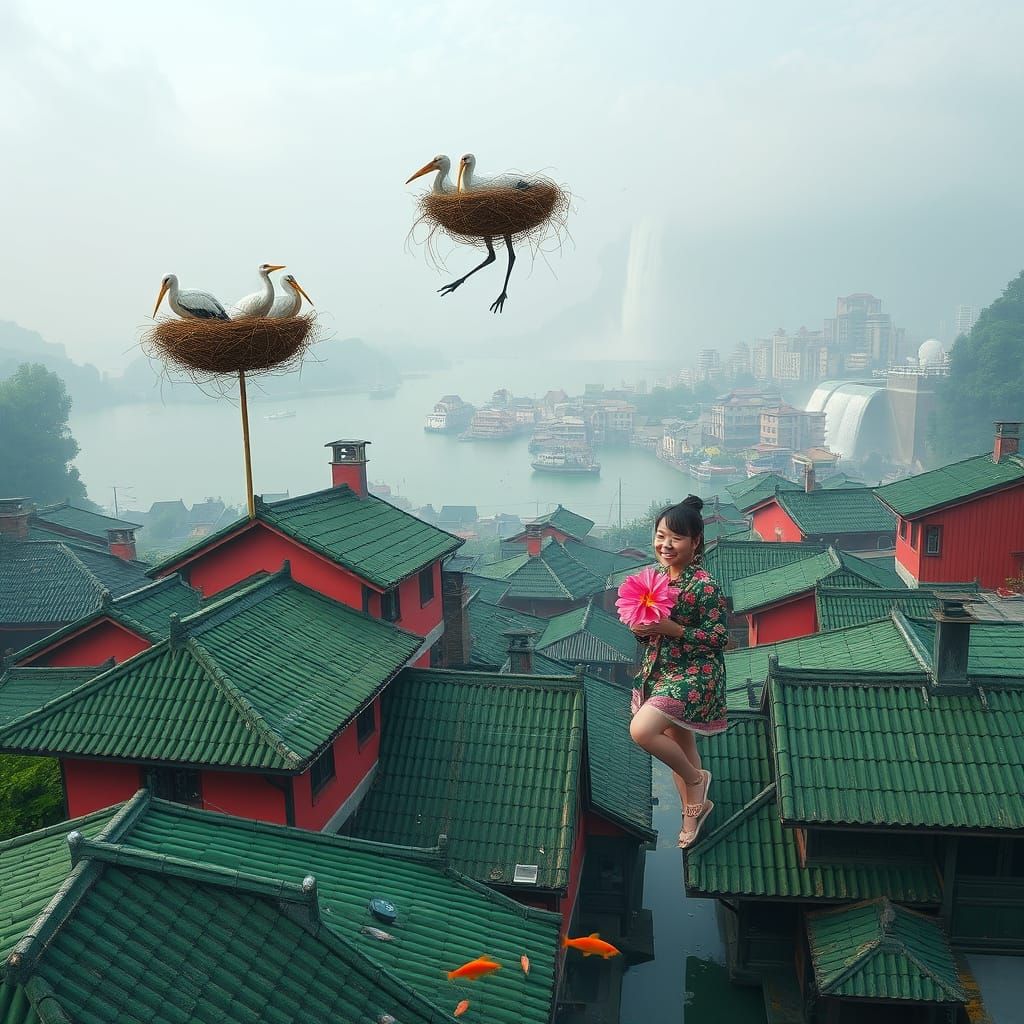 Utopian Floating City with Stork's Nest, Dreamlike Vista