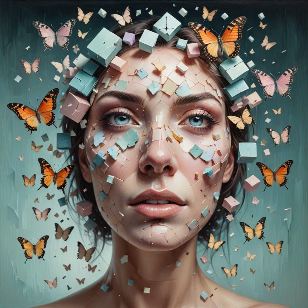 Surreal Face Portrait with Floating Cubes