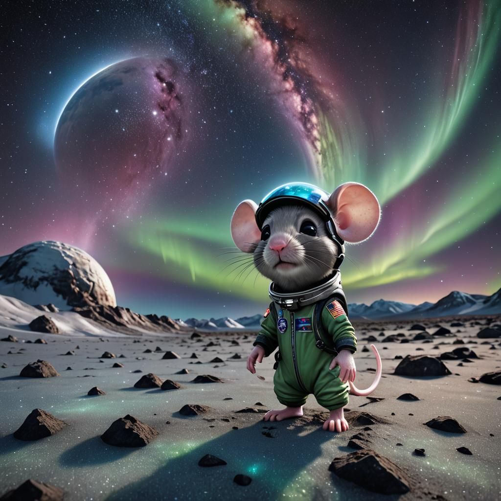 Chibi Mouse on Moon with Aurora, Hyperrealistic Photo