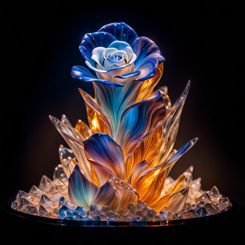 Burning Waterfall Crystal Rose: Holographic Glass Sculpture