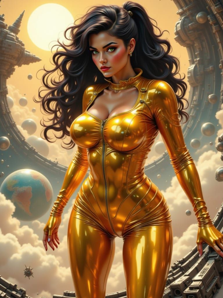 Radiant Gold Spacesuit Empress in Cosmic Illustration Style