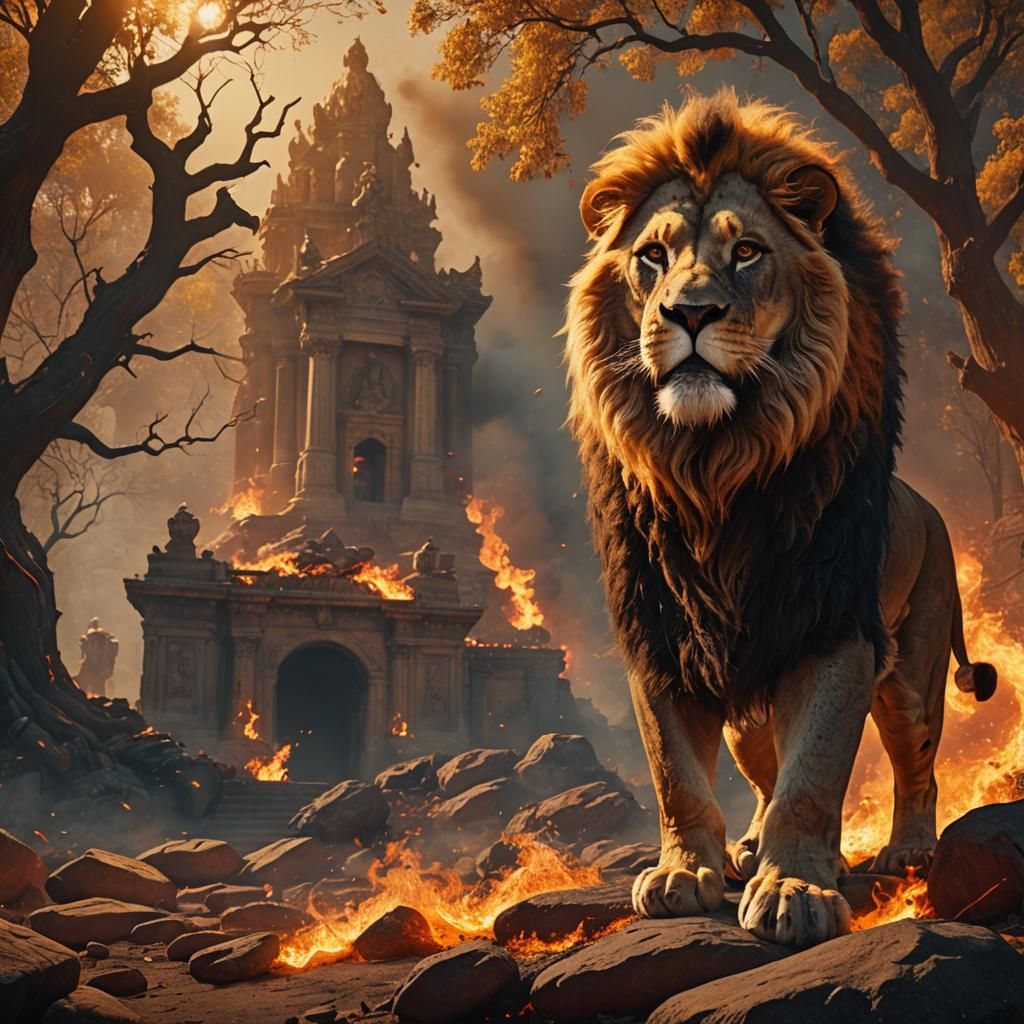 Fiery Lion in Inferno: Dynamic Fantasy Concept Art