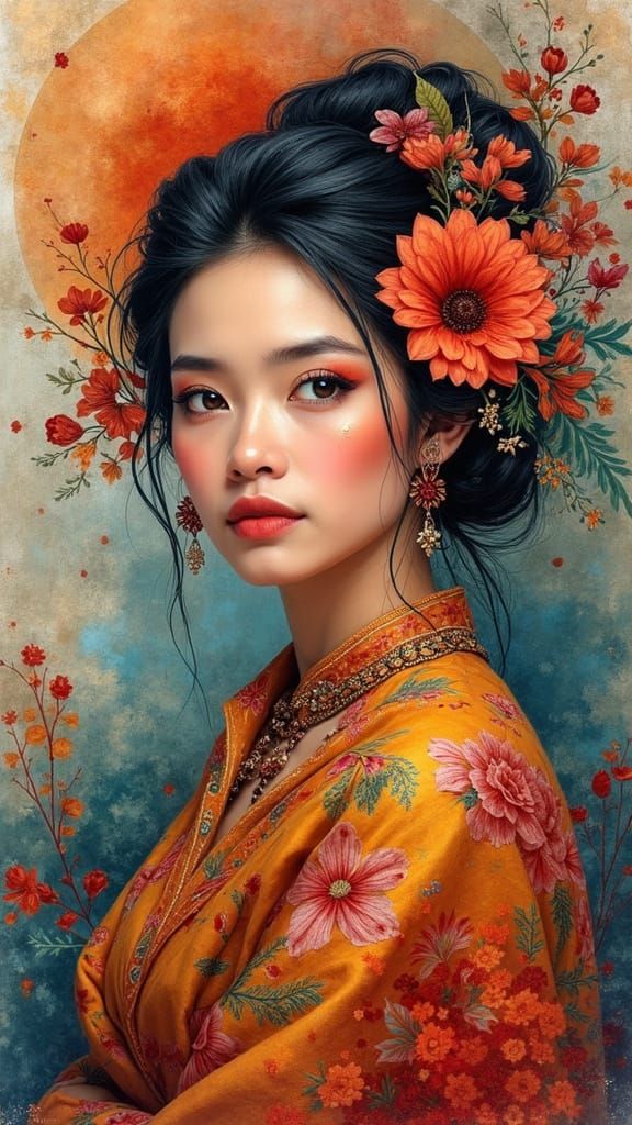 Beautiful Indonesian Woman in Indonesian Folk Art Style