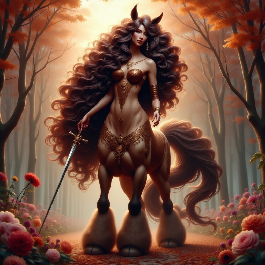 Cherie Centaur, a beautiful brunette centaur <lora:Flux Female Centaurs:1.0>