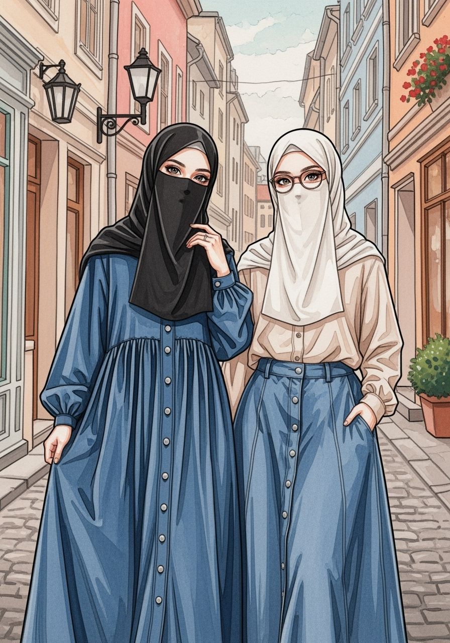 Friends in Niqabs: Gouache Painting in Art Nouveau Style