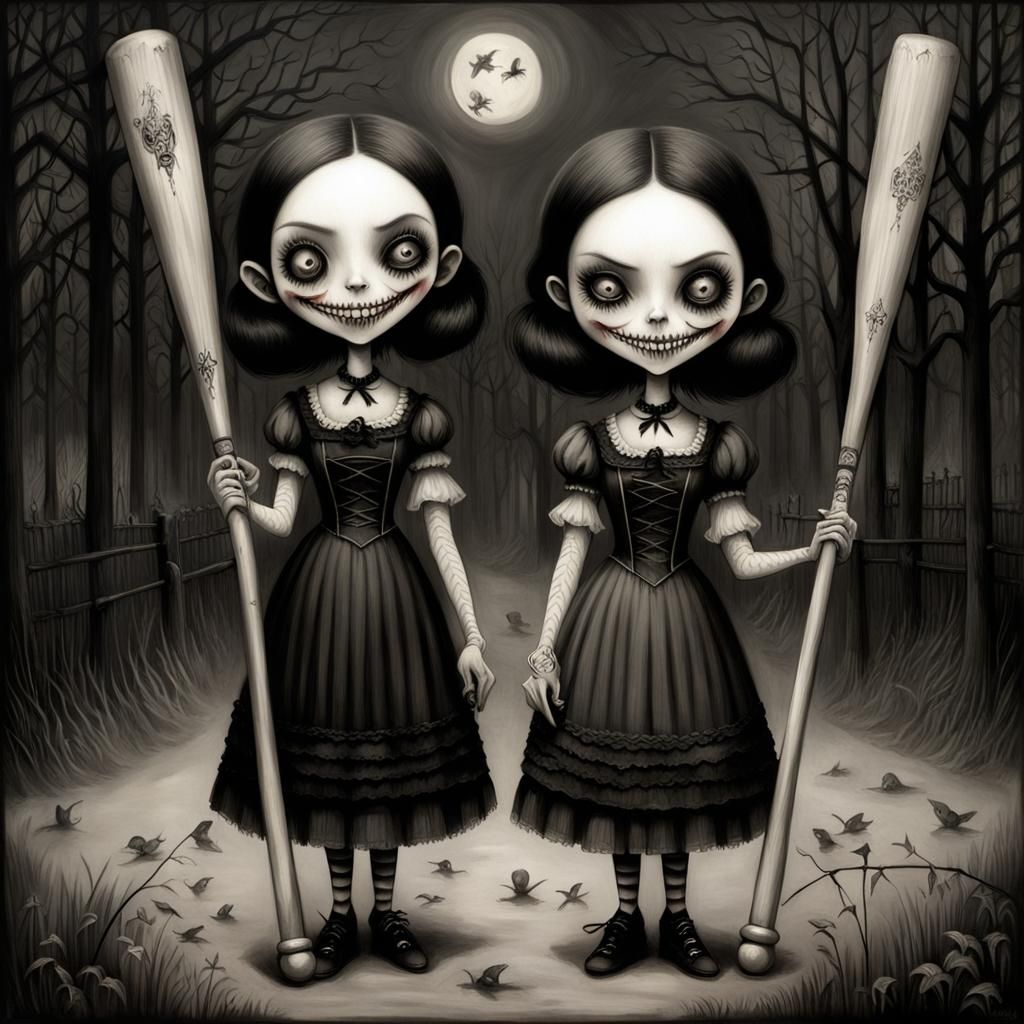 Sinister Gothic Girls with Baseball Bats Illustration