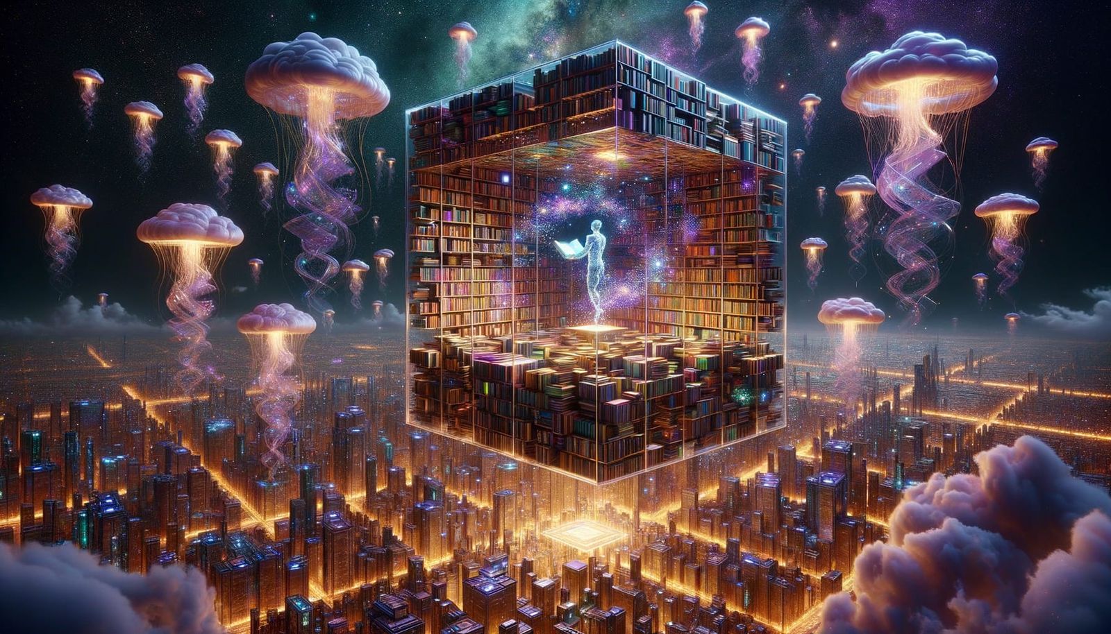Surreal Futuristic Library in Mid-Air, Amidst a City of Radi...