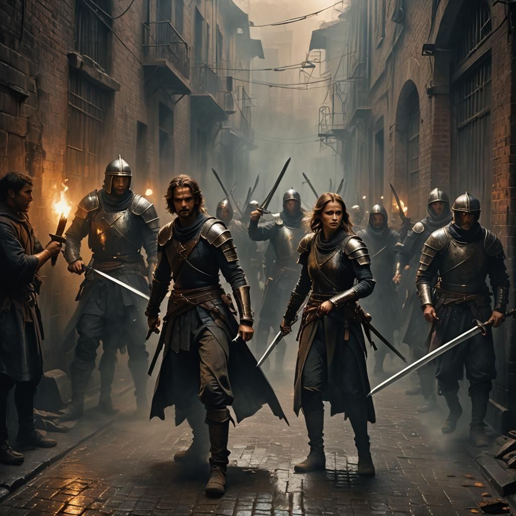 Dramatic Alleyway Sword Fight in Oil Painting Style