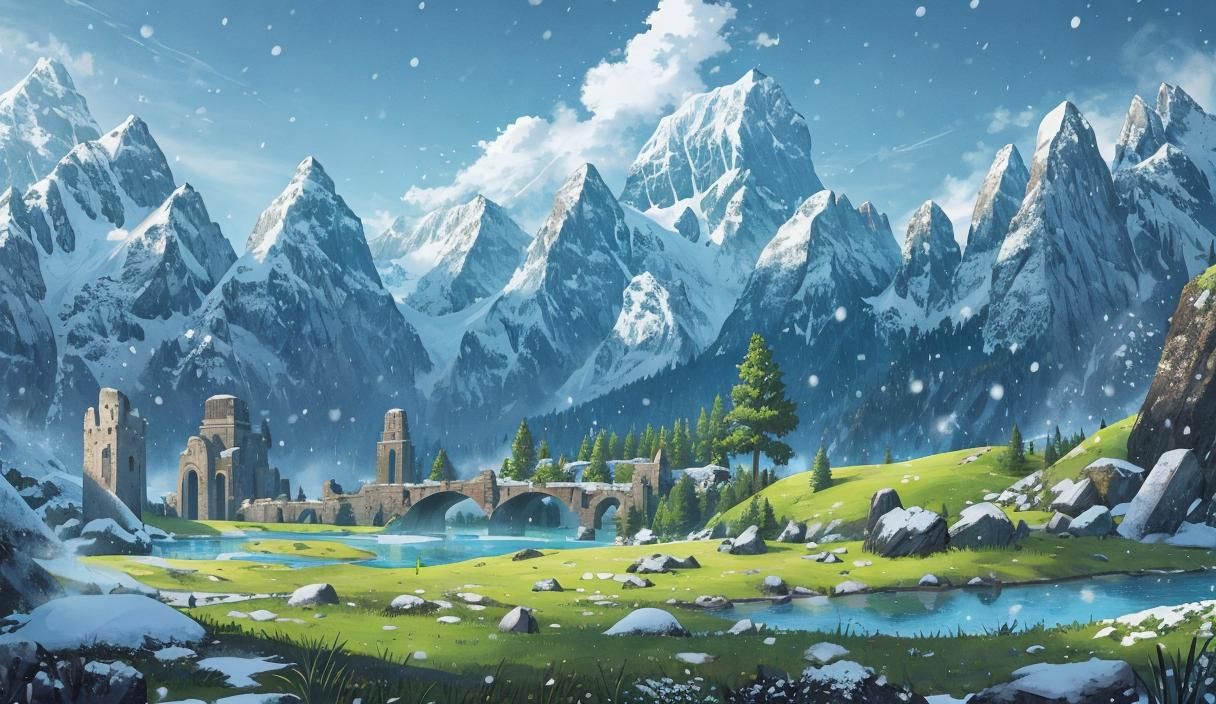 Fantasy Landscape with Ancient Ruins and Snow Peaks