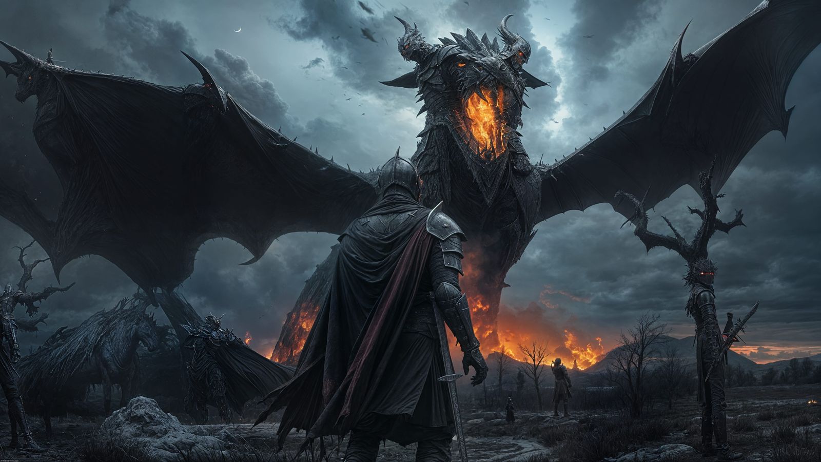 Weary Knight in Dark Armor Confronts Majestic Black Dragon