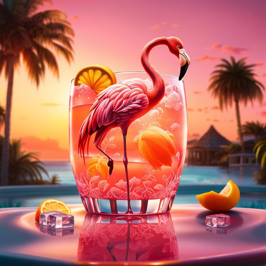 Pink Flamingo Bathes in Cocktail Glass: Hyperrealistic Art