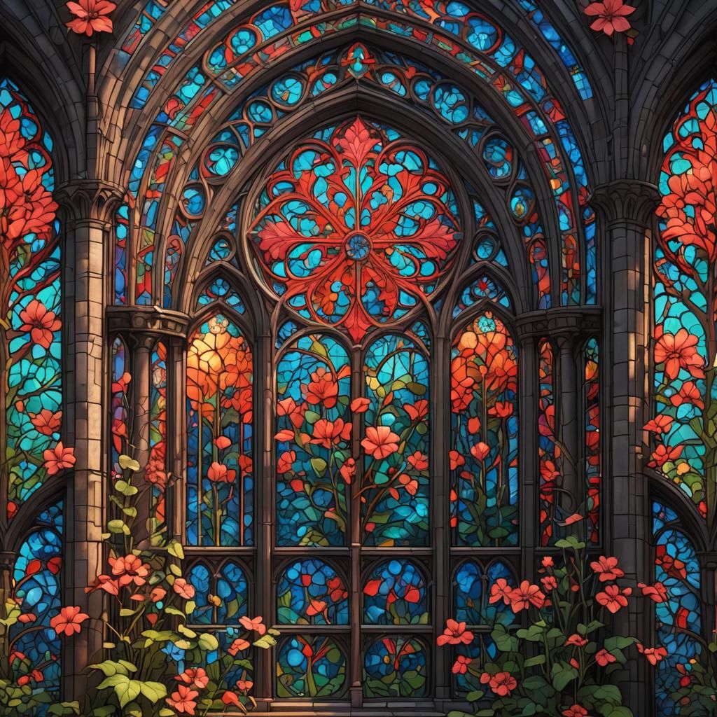 Vibrant Stained Glass Cathedral with Coral Bells Flower