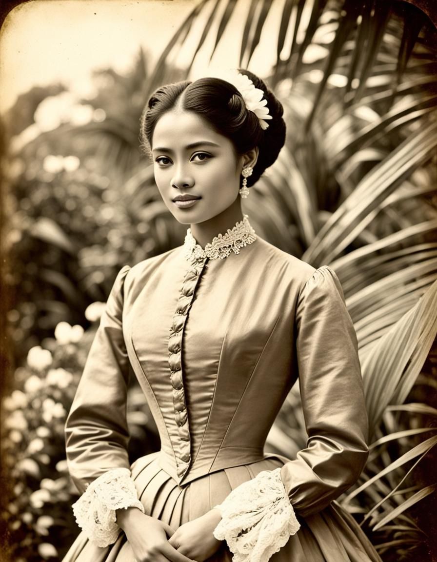 Indonesian Woman in Victorian Dress, 1900s Style
