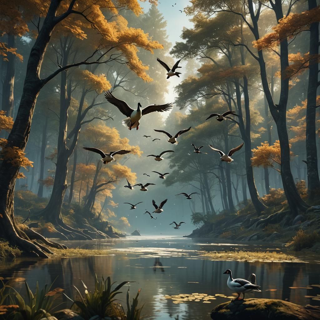 Geese Landing on Lake: Detailed Matte Painting