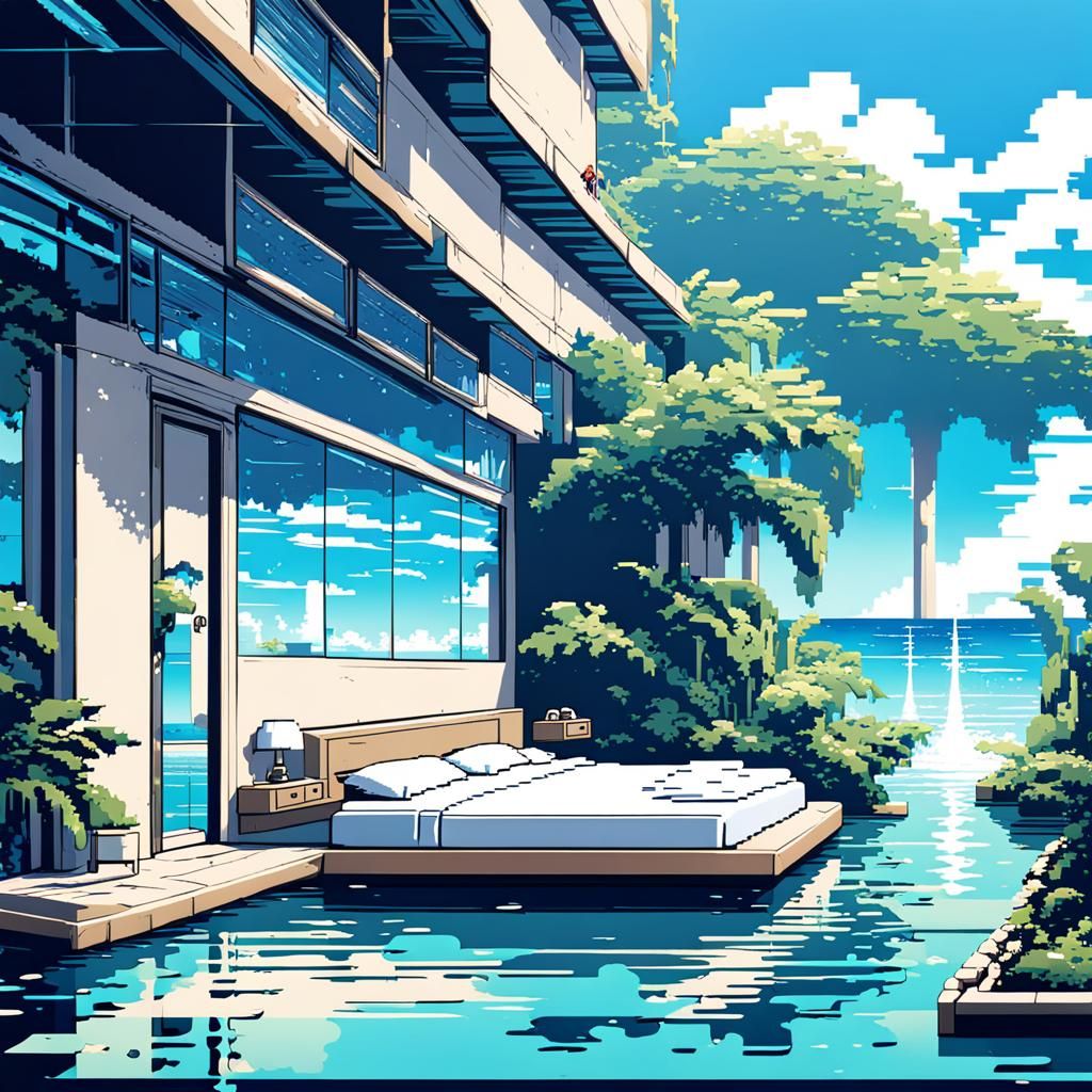 8-Bit Pixel Bedroom on Tropical Island in Anime Style