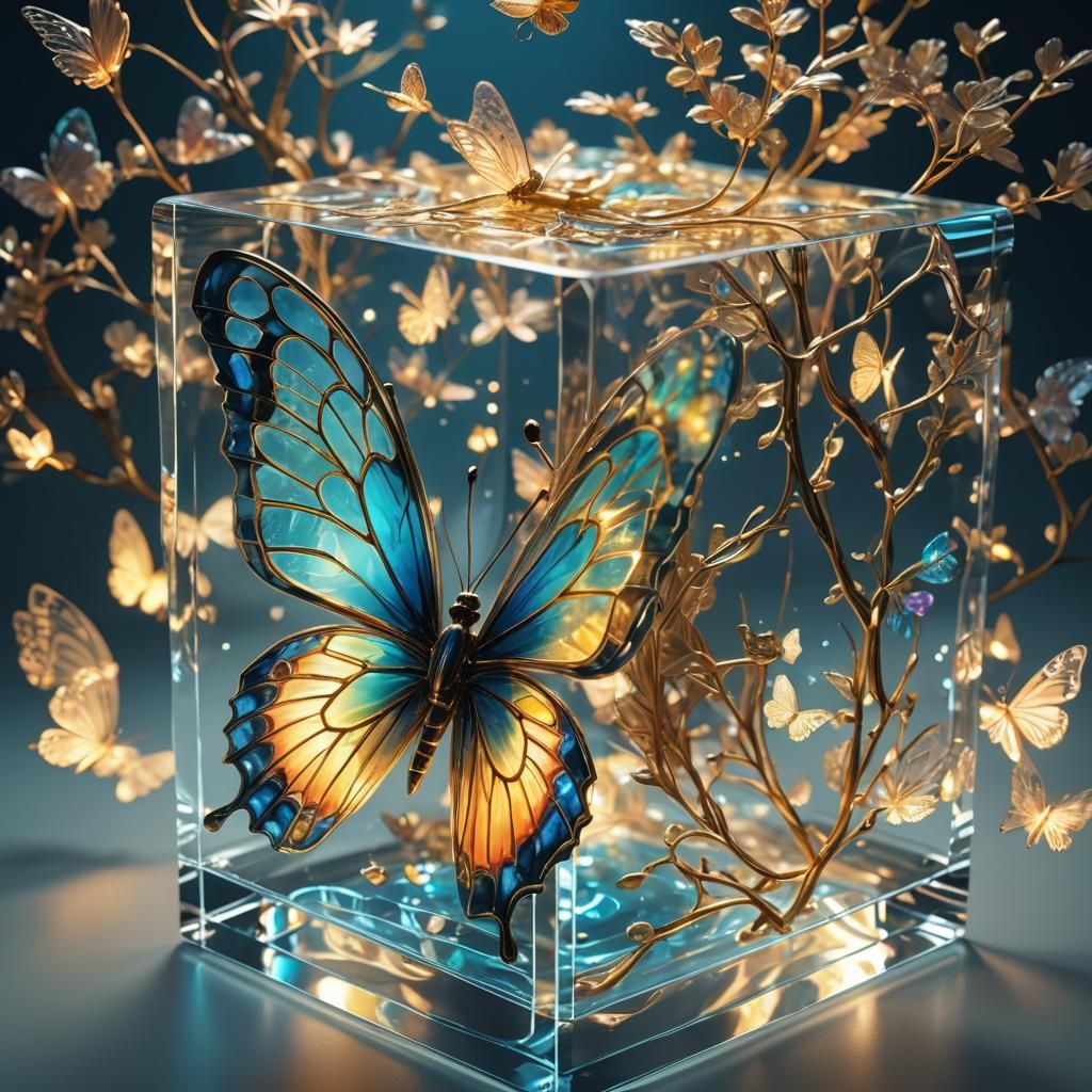 Bioluminescent Glass Butterfly in Cube, Anime Key Visual