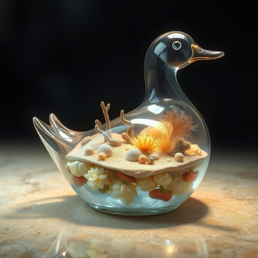 Glass Duck Desert Ecosystem in Ethereal Style