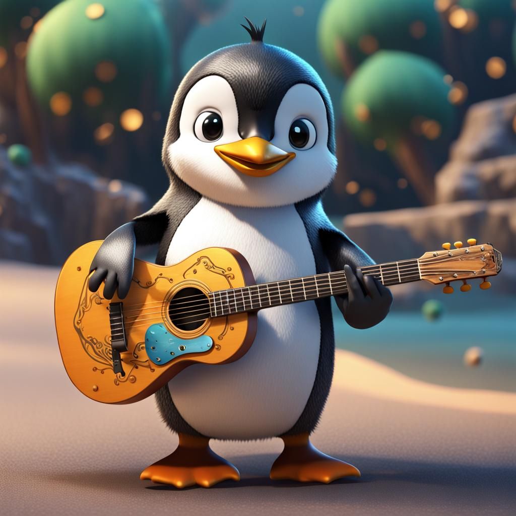 Happy Penguin Guitarist: Detailed Digital Art