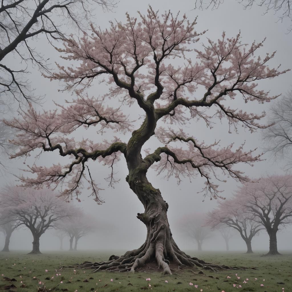 Ethereal Cherry Blossom Tree in a Misty Landscape